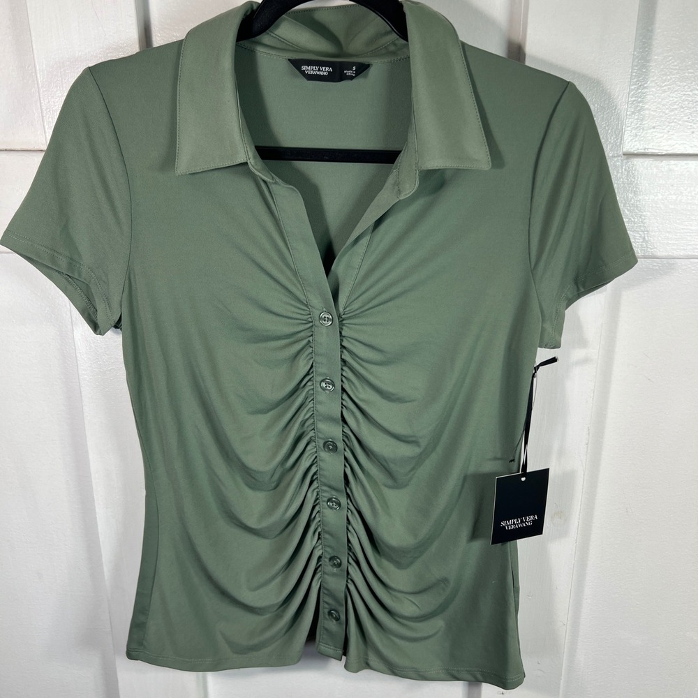 Simply Vera Vera Wang Malyn Oliv Ruched Button Front Top Olive Green Small NWT